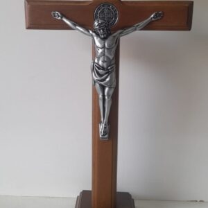 Adorno Cruz Madeira De Mesa e Parede São Bento Prata Velha 28cm